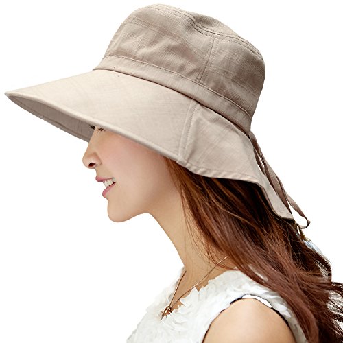 SIGGI Baumwolle beiger Sommerhut UPF 50 + Sun Shade Hut mit Nackenschnur für Frauen breite Krempe
