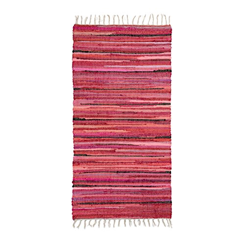 Relaxdays Flickenteppich 70 x 140 cm mit Fransen aus Polyester und Baumwolle, mehrfarbig, Fleckerlteppich, rot
