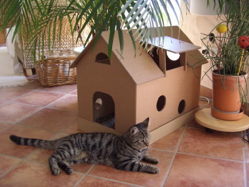 Katzenhaus aus Wellpappe mit Mäusehäuschen - Katzenkorb, Katzenhöhle