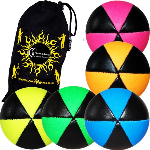 5x Flames N Games ASTRIX UV Thud Jonglierbälle 5er Set (Mehrfarben) Profi Beanbag Bälle aus Glattleder (Leather) + Reisetasche! Ideal für Anfänger und Profis!