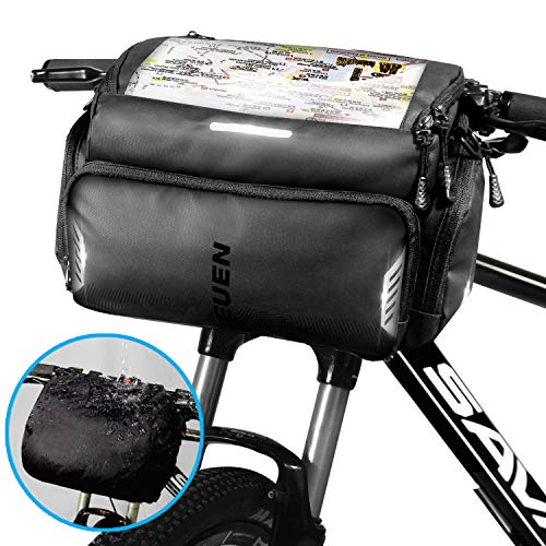 TEUEN Fahrrad Lenkertasche Wasserdicht Mountainbike Tasche Lenker Fahrradtasche mit Regenhülle, Gross Fahrrad-Vordertasche mit Touch Screen TPU-Sichtfenster (22 * 11 cm) für Smartphone GPS (Schwarz)