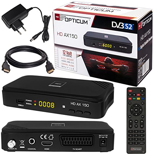 SATELLITEN SAT RECEIVER  HB DIGITAL DVB-S/S2 SET: Hochwertiger DVB-S/S2 Receiver + HDMI Kabel mit Ethernet Funktion und vergoldeten Anschlüssen (HD Ready, HDTV, HDMI, SCART, USB 2.0, Koaxial Ausgang, Opticum AX150 )