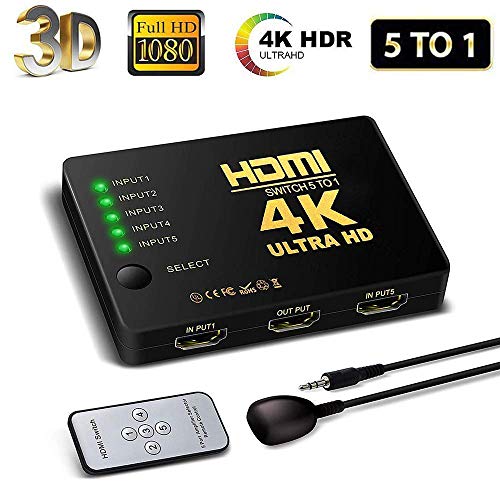 HDMI Switch 4K, FAERSI 5 Ports HDMI Switcher Splitter Unterstützung 4K@30Hz/2K/1080P/3D mit IR Fernbedienung 5 Eingang 1 Ausgang