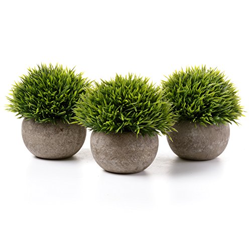 T4U Künstliche Grün Gras Bonsai Kunstpflanze mit grauen Topf, für Hochzeit/Büro/Zuhause Dekoration - 3er Set