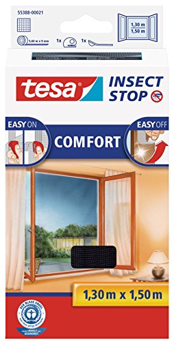 tesa Insect Stop COMFORT Fliegengitter für Fenster / Insektenschutz mit selbstklebendem Klettband in Anthrazit / 130 cm x 150 cm