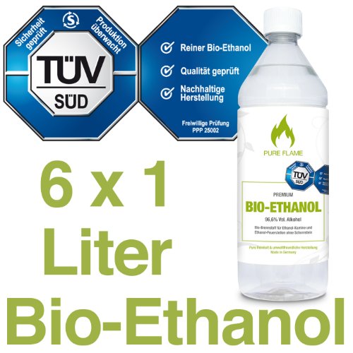 6 x 1L Bioethanol 96,6% - 6 Liter in 1L Flaschen zum handlichen & sicheren Gebrauch - TÜV geprüfte Reinheit, Qualität, Sicherheit & nachhaltige Herstellung - Made in Germany - AKTIONSPREIS NUR 2,48 EUR/L. !!!