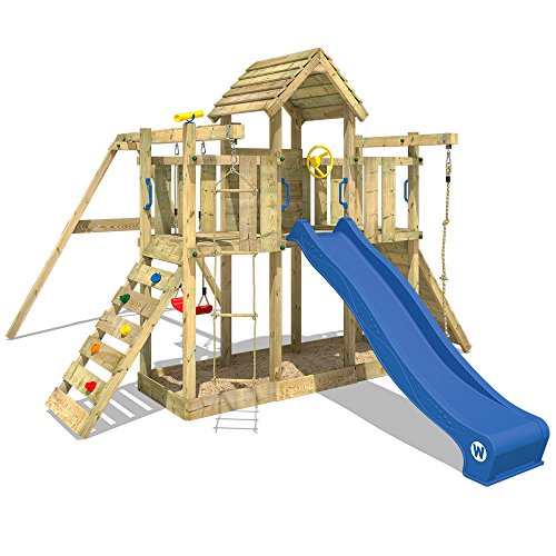 WICKEY Spielturm Little Robin Kletterturm mit Schaukel und Rutsche Holzdach Sandkasten, blaue Rutsche