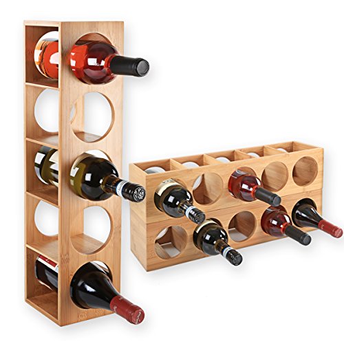 Torrex 30543 Weinregal stapelbar aus Bambus-Holz für 5 Wein-Flaschen zum Stellen, Legen oder zur Wand-Montage, erweiterbar, Größe 13,5x12x53 cm (LxBxH) Weinflaschenhalter Weinkiste Flaschenregal