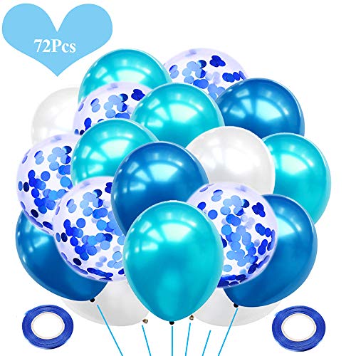 JWTOYZ 72 Stück Luftballons Grün / Blau / Rosa Weiß Konfetti Ballons mit für Geburtstag, Babyparty, Hochzeit (Blau)