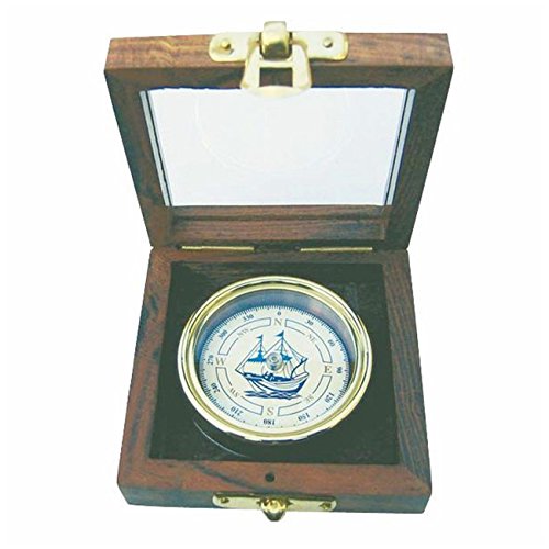 Kompass mit Schiffs-Windrose in edler Holzbox mit Glasdeckel
