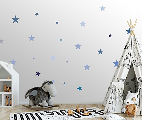 25 Sterne Wandtattoo fürs Kinderzimmer - Wandsticker Set – Pastell Farben, Baby Sternenhimmel zum Kleben Wandaufkleber Sticker Wanddeko - Wandfolie für Kleinkinder, Erstausstattung auf Rauhfaser Blau