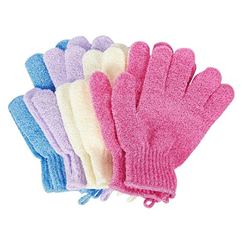 Juvale 4-pair-Peeling-Handschuhe, Handschuhe, als-Peeling mit Scrubber Luffa, verschiedene Farben, für Damen und Herren
