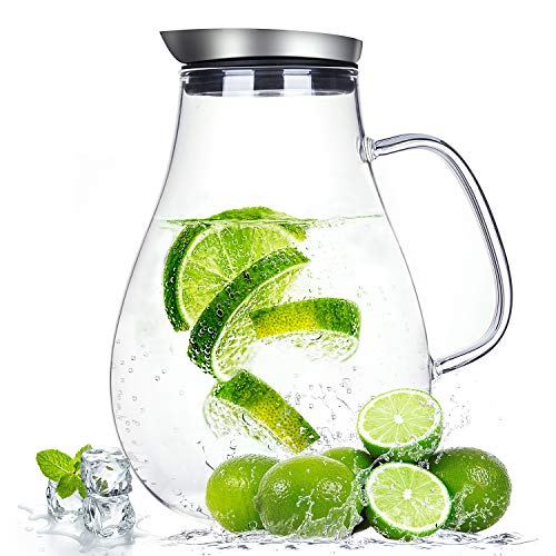 Suteas 2.0 Liter Glaskrug mit Deckel, Wasserkaraffe Krug für heißes/Kaltes Wasser, Eistee und Saftgetränk