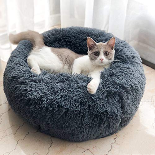 Lamzoom - Deluxe-Haustierbett für Katzen und kleine bis mittelgroße Hunde. Kuschelig mit weichem Kissen. Rund oder oval Nisthöhle/Bett für Haustiere (Katzen und kleine Hunde) in Doughnut-Form.