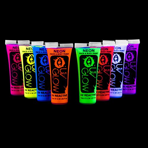 8 x 10ml UV-Bodypaint Körpermalfarben Schwarzlicht fluoreszierende Schminke Bodypainting Neon Farben Leuchtfarben