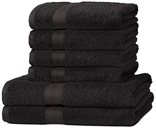 AmazonBasics Handtuch-Set, ausbleichsicher, 2 Badetücher und 4 Handtücher, Schwarz, 100% Baumwolle 500g/m²