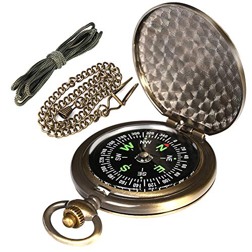 AYOUYA Kompass Outdoor Messing Taschenkompass mit Kette und Halsband, Antiker Taschenuhren Kompass, Sprungdeckel Marschkompass Leuchtziffern Wasserdicht
