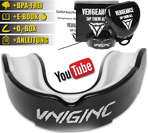 Vengeance MMA Premium Mundschutz | inklusive Video-Tutorial | + Hygienebox + Namensschild + E-Book(HCG-Diät) | MMA, Krav MAGA, BJJ, Boxen, Kickboxen | Zahn- und Kieferschutz | universell