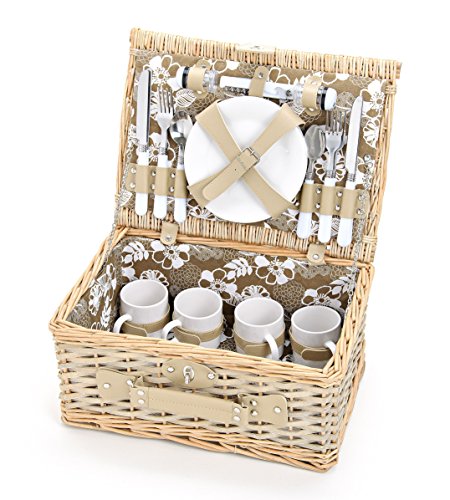 Picknickkorb für 4 Personen aus Weide mit Blumen Muster - 24 teilig - Hochwertiges Picknick Set mit Deckel, Geschirr Set & Zubehör - Grün Weiß