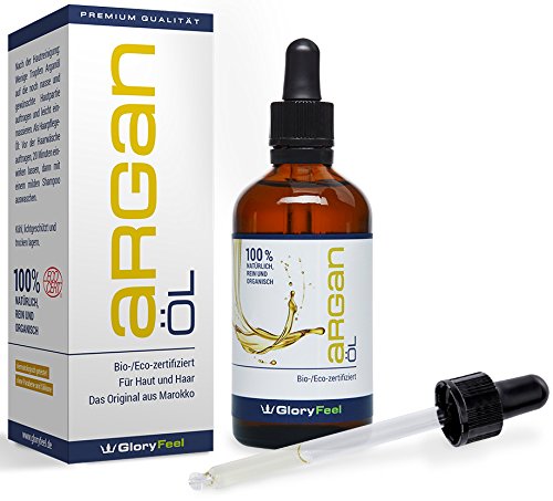 Organisches Arganöl Bio - / Eco-zertifiziert - Der VERGLEICHSSIEGER 2017* - 100ml Original Argan-Öl aus Marokko Kaltgepresst - Anti-Aging und Falten Pflege für Haut und Haare von Gloryfeel