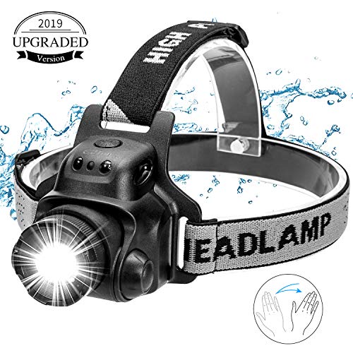 EZfull LED Stirnlampe Kopflampe mit Geste Sensor Funktion USB Wasserdicht Wiederaufladbare Headlight, 4 Helligkeiten, 90° Verstellbar, Verstellbares Band und USB Kabel, Fokusverstellbar