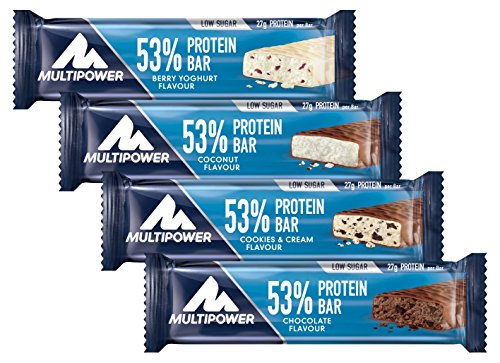 Multipower 53% Protein Bar – 24 x 50 g Proteinriegel Mix Box (1,2 kg) – 27 Gramm Protein pro Energieriegel – mit Eiweißriegeln in 4 Geschmacksrichtungen