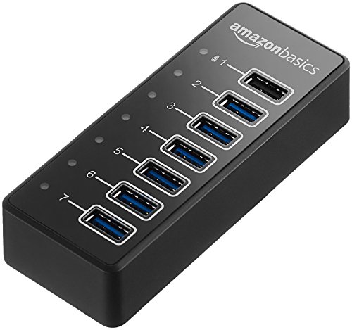 AmazonBasics - USB-Hub, USB-A 3.1 mit 7 Anschlüssen und Netzadapter - 36 W (12 V/3 A), Schwarz
