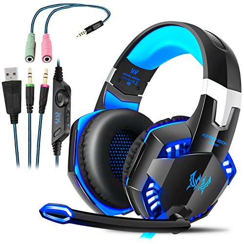 Gaming Kopfhörer für PS4 PC Computer|Professioneller 3,5mm Gaming Headset|Stereo Sound Mikrofon mit Rauschunterdrückung und Lautstärkeregler|Egonomisches Design, geringes Gewicht (Blau)
