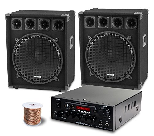 McGrey PA Komplettset DJ Anlage PowerDJ-2500 (System mit Partyboxen, Lautsprecher, 2 x 800 Watt, Bluetooth-Endstufe, Verstärker, Lautsprecherkabel)