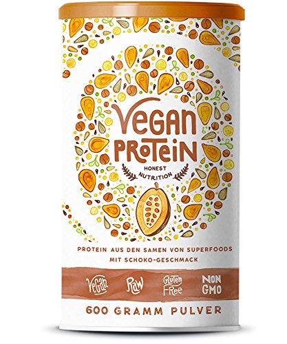 Vegan Protein (Schokolade) - Reis-, Hanf-, Soja-, Erbsen-, Chia-, Sonnenblumen- und Kürbiskernprotein + Kokosmilch, Superfoods und Verdauungsenzymen - 600 Gramm Pulver mit Schokoladengeschmack