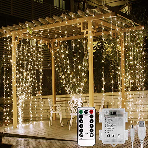 LE Lichterkette USB LED Lichtervorhang, 300 LEDs und 8 Lichtmodi, 3m * 3m Batteriebetrieben, ideal für Weihnachten, Hochzeit, Party, Weihnachtsbeleuchtung (Warmweiß)
