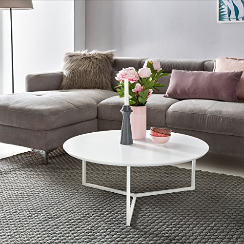 Design Couchtisch WHITE 80 cm Rund Weiß Matt lackiert | Moderner Wohnzimmertisch MDF Holz | Lounge Sofa Tisch Metall Gestell