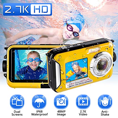 Unterwasserkamera Unterwasser Kamera 2.7K Full HD 48.0 MP Kamera Wasserdicht Selfie Dual Screens Flash Light Digitalkamera zum Schnorcheln