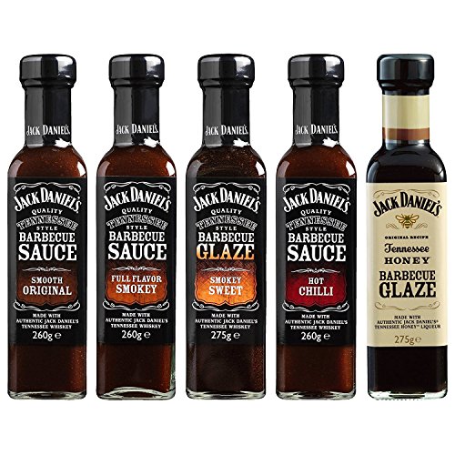 Jack Daniel's - Grillsaucen & BBQ Glaze Probierpaket - 5 Flaschen im Set (1330g) - Smooth Original, Full Flavor Smokey, Smokey Sweet, Hot Chilli, Tennessee Honey