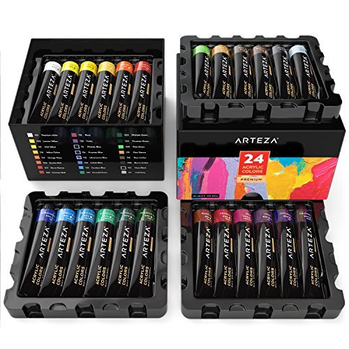 ARTEZA Acrylfarben – Hochwertige Acryl Künstlerfarbe für Leinwand - Malfarben Set mit 24x22 Ml Farben in Tuben