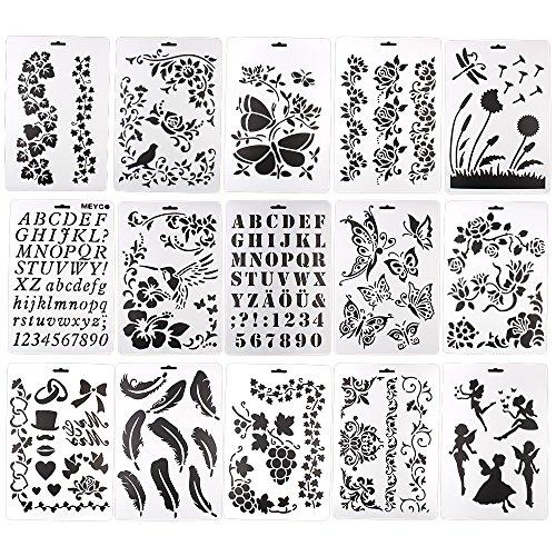 15 Sets Schablone Buchstaben/Blumen/Schmetterling, wiederverwendbar Künstler Vorlage für DIY geschrieben Tools A4