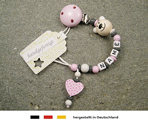 Baby SCHNULLERKETTE mit NAMEN | Schnullerhalter mit Wunschnamen - Mädchen Motiv Bär und Herz in rosa
