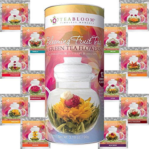 Teabloom Blühende Früchtetees 12er Pack Geschenkset - 12 Sorten Blütentee - Grüner Tee & Fruchtaromen Geschenk-Dose - Jeder blühende Teekugel kann bis zu 3 Mal aufgegossen werden
