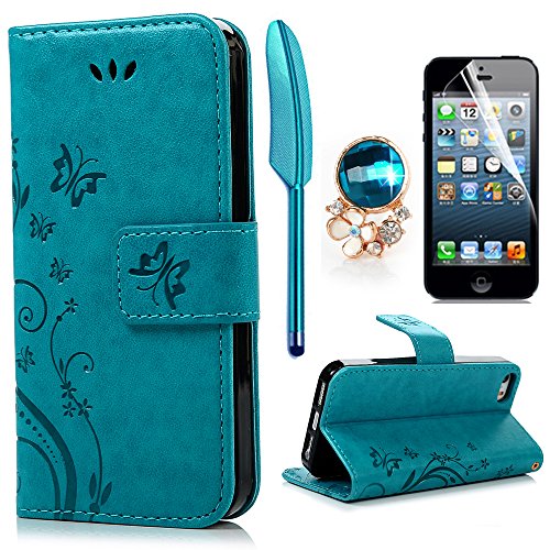 iPhone 5 5S SE Wallet Case iPhone 5 5S SE Flip Hülle YOKIRIN Schmetterling Blumen Muster Handyhülle Schutzhülle PU Leder Case Skin Brieftasche Ledertasche Tasche im Bookstyle in Blau