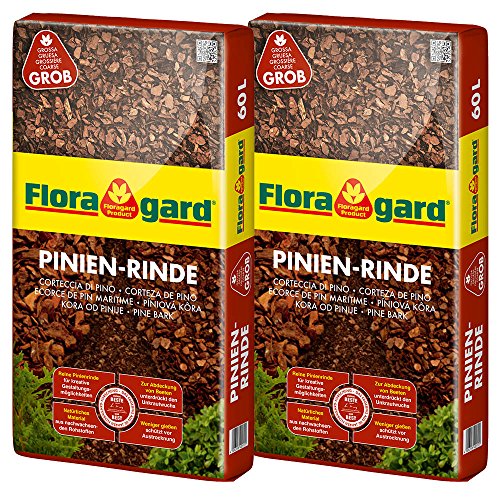 Floragard Mulch Pinienrinde 25-40 mm 2x60 L • grob • dekorativer Bodenbelag • unterdrückt Unkrautwuchs • naturbelassen • für mediterranes Flair • 120 L