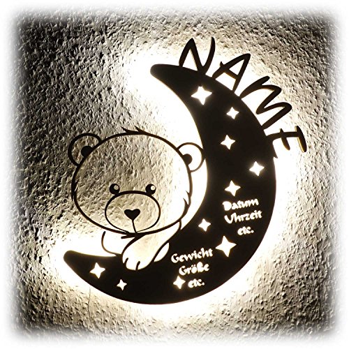 LED Nachtlicht Bär auf Mond mit Name personalisiert I Einzigartige Taufgeschenke Geschenke zur Geburt und Taufe für Mädchen Junge Jungs