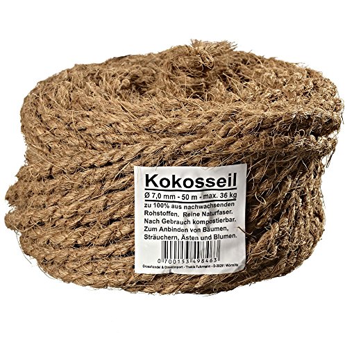 Ø 7.0 mm Kokosseil | Kokos-Tau: braune Garten-Schnur | Baum-Kordel aus 100% Naturfasern (Kokosfaser) in Naturfarbe (Länge 50m)