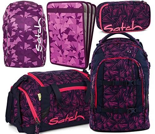 satch pack Pink Bermuda 5er Set Schulrucksack, Sporttasche, Schlamperbox, Heftebox & Regencape Lila
