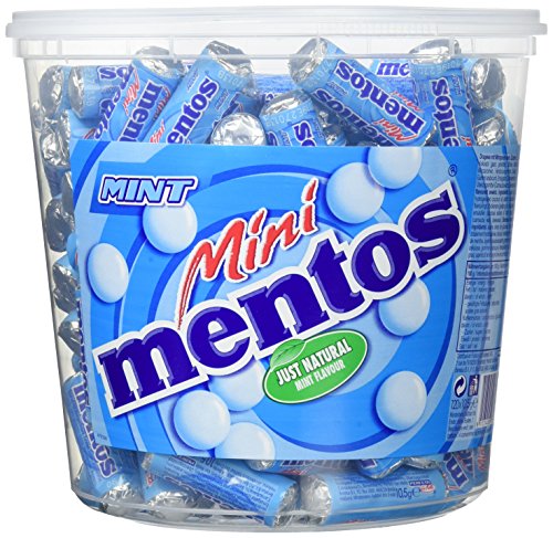Mini Mentos Mint Classic, Eimer mit 120 Rollen Kaubonbons, Aufbewahrungsbox Minz-Dragees, Pfefferminz-Geschmack