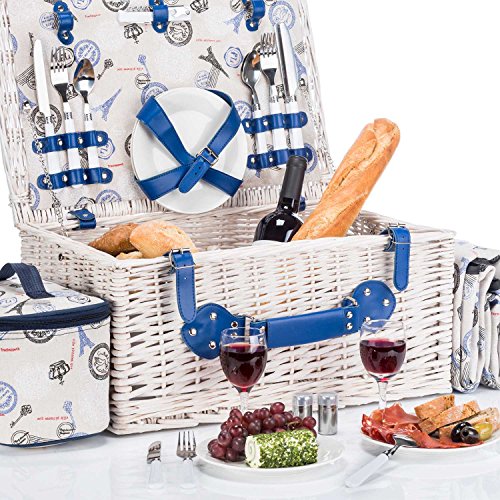 Picknickkorb für 4 Personen - Luxus Weidenkorb für Picknick mit Picknickdecke und Kühltasche