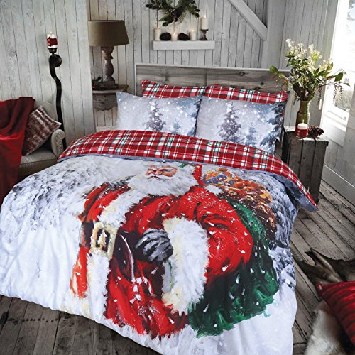 Weihnachts-Bettbezug von Pieridae, Premium-Polyester-Baumwolle, mit Weihnachtsmotiv, mit karierter Rückseite, VIntage, 50 % Baumwolle / 50 % Polyester, rot, Einzelbett