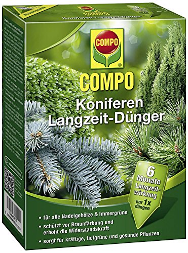 COMPO Koniferen Langzeit-Dünger für alle Arten von Nadelgehölzen und Immergrünen, 6 Monate Langzeitwirkung, 4 kg, 70m²