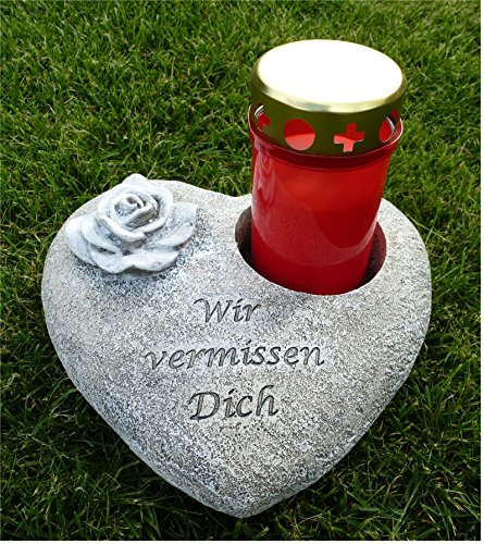 Grabschmuck Deko Herz mit Ausschnitt für Grabkerze, Rose, grau-antik 20 cm