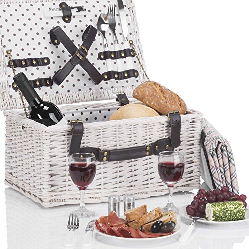 Weidenkorb Picknickkorb aus Weide mit Picknick Geschirr, Besteck, Gläsern, Decke, Korkenzieher