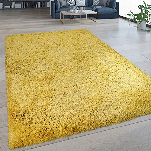Paco Home Hochflor Wohnzimmer Teppich Waschbar Shaggy Flokati Optik Einfarbig In Gelb, Grösse:160x220 cm